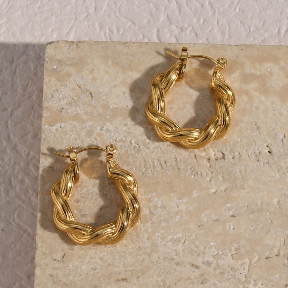 Chunky Twisted Striped Texture Hoop Earrings 18K Gold Plating Stainless Steel - Picture 9 of 9